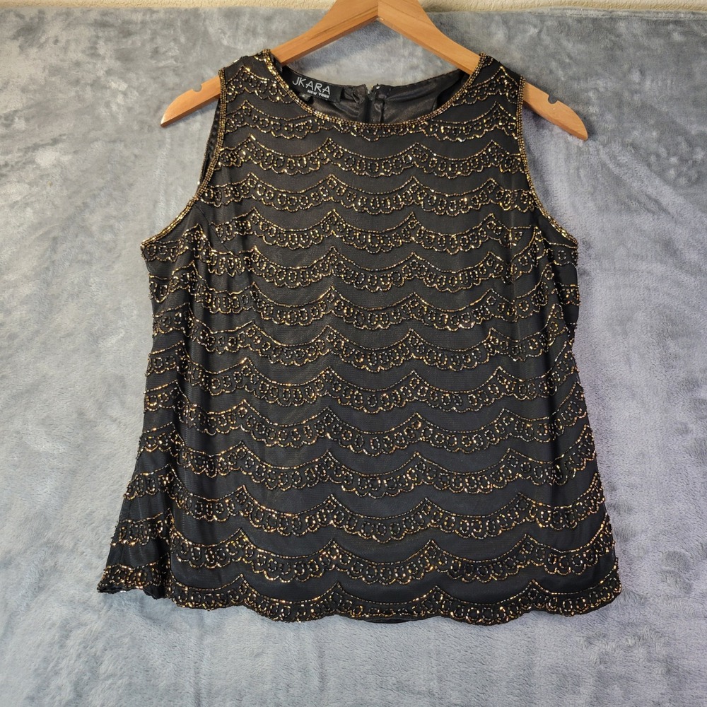 Jkara New York Womens L Black‎ Beaded Sleeveless Top  Art Deco Elegant Formal